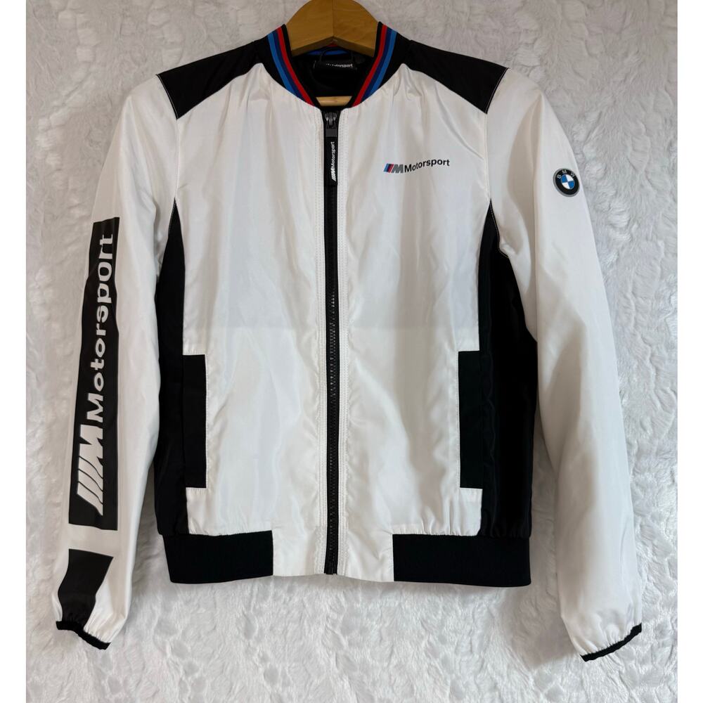 BMW Women's White Bomber Jacket with Black Details